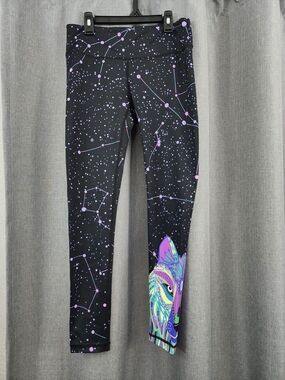 Feed Me Fight Me Black Leggings with Purple Constellation and Multicolor Wolf